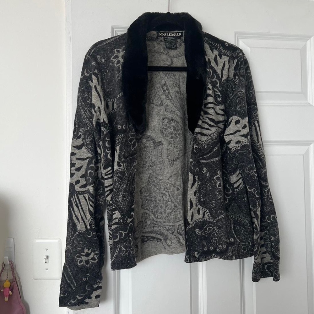 vintage black and white nina leonard button cardigan lambs wool and rabbits hair